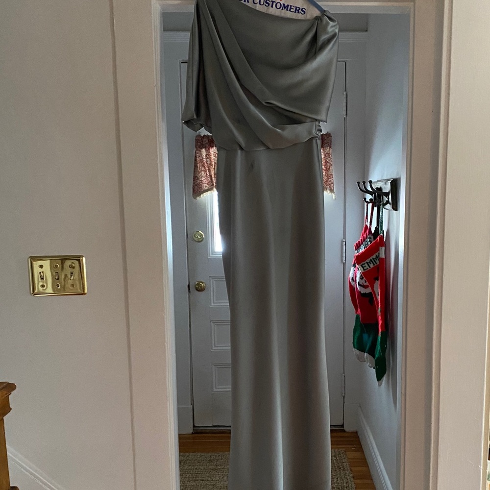 Amsale off shoulder column gown